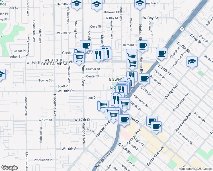 map of restaurants, bars, coffee shops, grocery stores, and more near 1818 Viola Pl in Costa Mesa