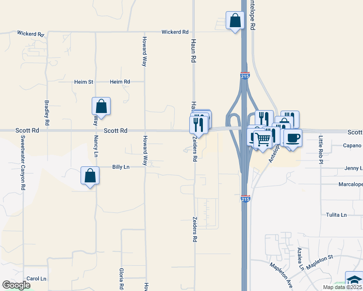 map of restaurants, bars, coffee shops, grocery stores, and more near 33075 Zeiders Road in Menifee