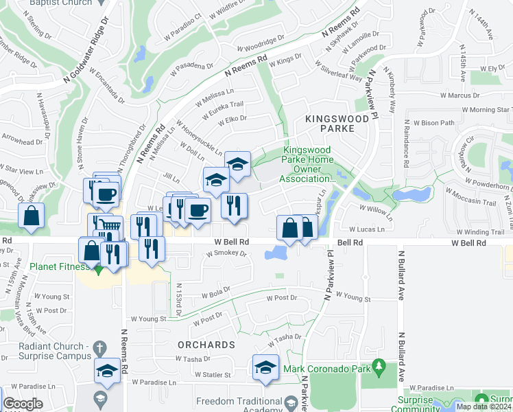 map of restaurants, bars, coffee shops, grocery stores, and more near 17216 North Wavyleaf Avenue in Surprise