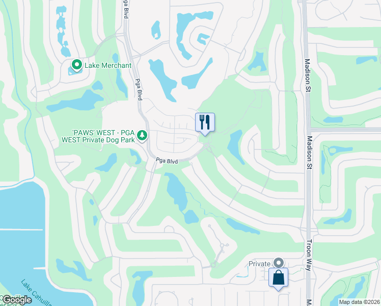 map of restaurants, bars, coffee shops, grocery stores, and more near 80409 Platinum Way in La Quinta
