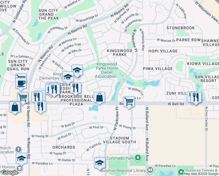 map of restaurants, bars, coffee shops, grocery stores, and more near 14963 West Bottle Tree Avenue in Surprise
