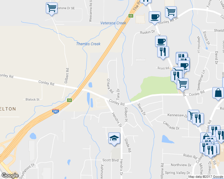 map of restaurants, bars, coffee shops, grocery stores, and more near 4182 O'Hara Road in Forest Park