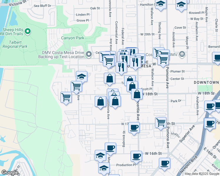 map of restaurants, bars, coffee shops, grocery stores, and more near 1820 Monrovia Avenue in Costa Mesa