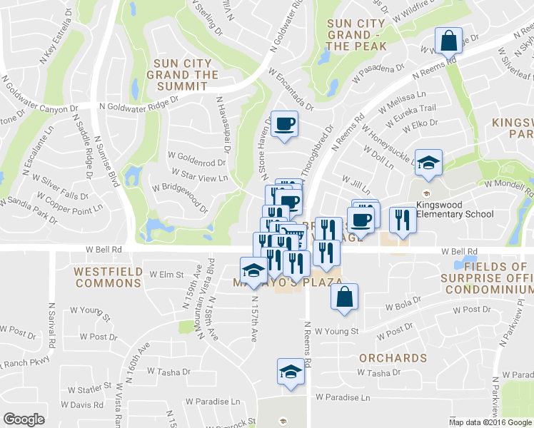 map of restaurants, bars, coffee shops, grocery stores, and more near 17157 N Firestone Ln in Surprise