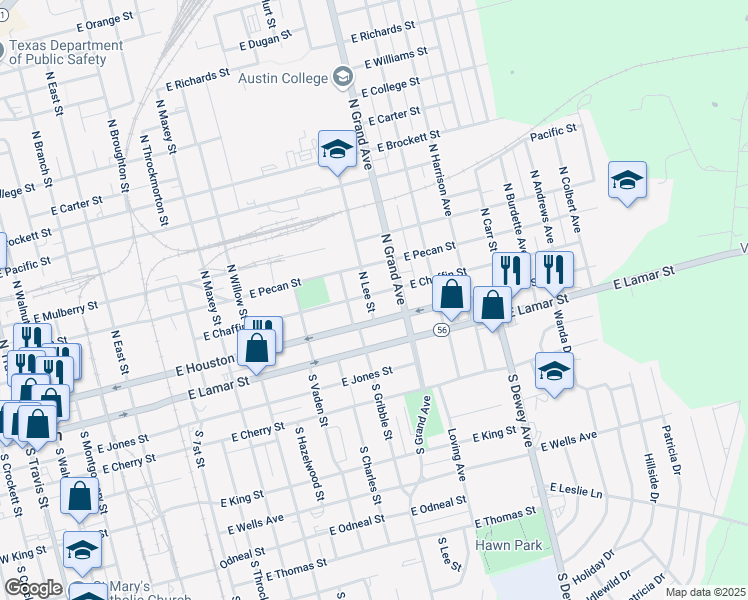 map of restaurants, bars, coffee shops, grocery stores, and more near 1402 Chaffin Street in Sherman
