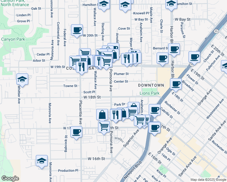 map of restaurants, bars, coffee shops, grocery stores, and more near 1818 Pomona Avenue in Costa Mesa