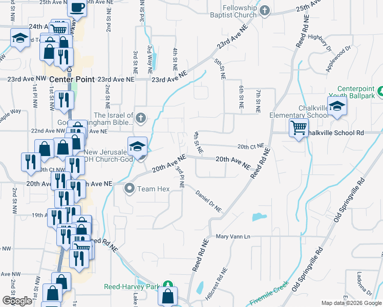 map of restaurants, bars, coffee shops, grocery stores, and more near 348 20th Avenue Northeast in Center Point