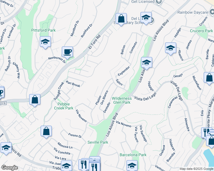 map of restaurants, bars, coffee shops, grocery stores, and more near 22182 Platino in Mission Viejo