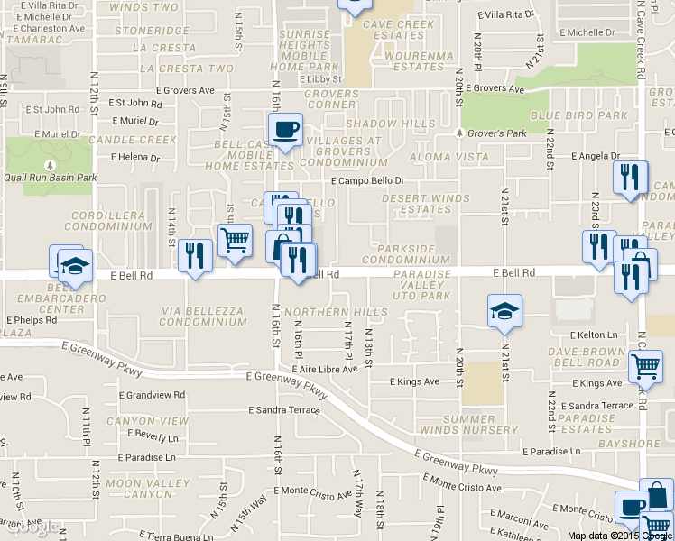map of restaurants, bars, coffee shops, grocery stores, and more near 1720 East Bell Road in Phoenix