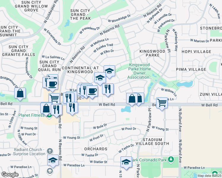 map of restaurants, bars, coffee shops, grocery stores, and more near 17216 North Wavyleaf Avenue in Surprise
