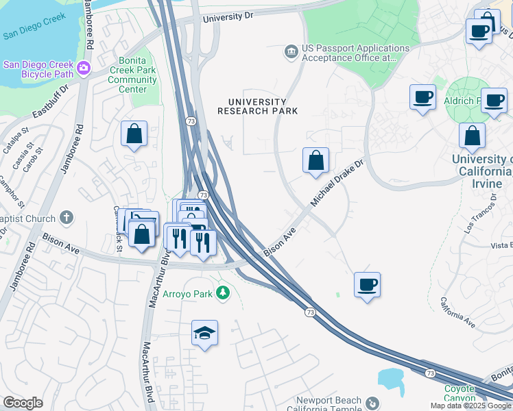 map of restaurants, bars, coffee shops, grocery stores, and more near 5151 California Ave in Irvine