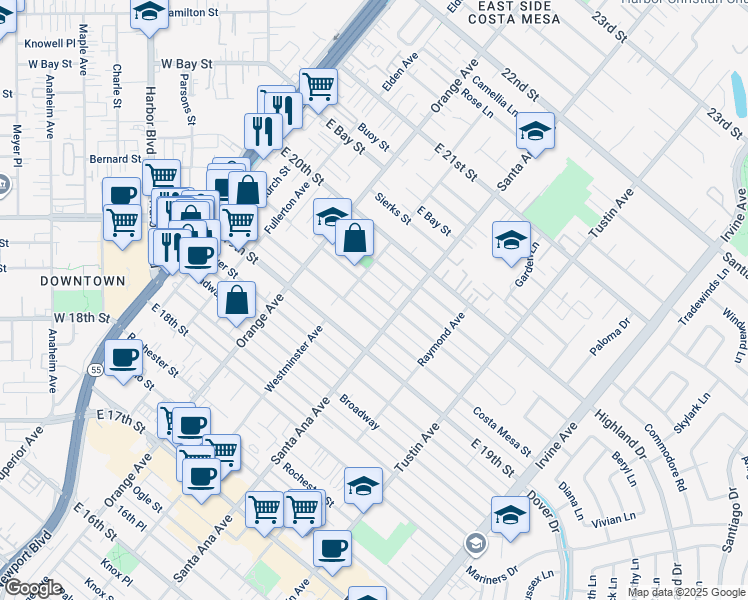 map of restaurants, bars, coffee shops, grocery stores, and more near 288 Walnut Street in Costa Mesa