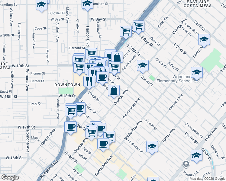 map of restaurants, bars, coffee shops, grocery stores, and more near 179 Flower Street in Costa Mesa