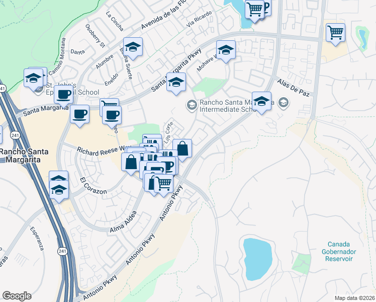 map of restaurants, bars, coffee shops, grocery stores, and more near 37 Vía Pamplona in Rancho Santa Margarita