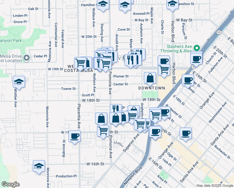 map of restaurants, bars, coffee shops, grocery stores, and more near 680 West 18th Street in Costa Mesa