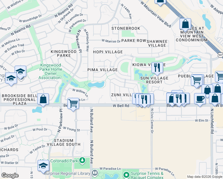 map of restaurants, bars, coffee shops, grocery stores, and more near 17191 North Winding Trail in Surprise