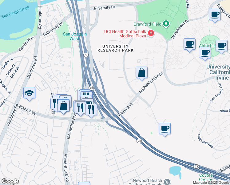 map of restaurants, bars, coffee shops, grocery stores, and more near 5151 California Avenue in Irvine