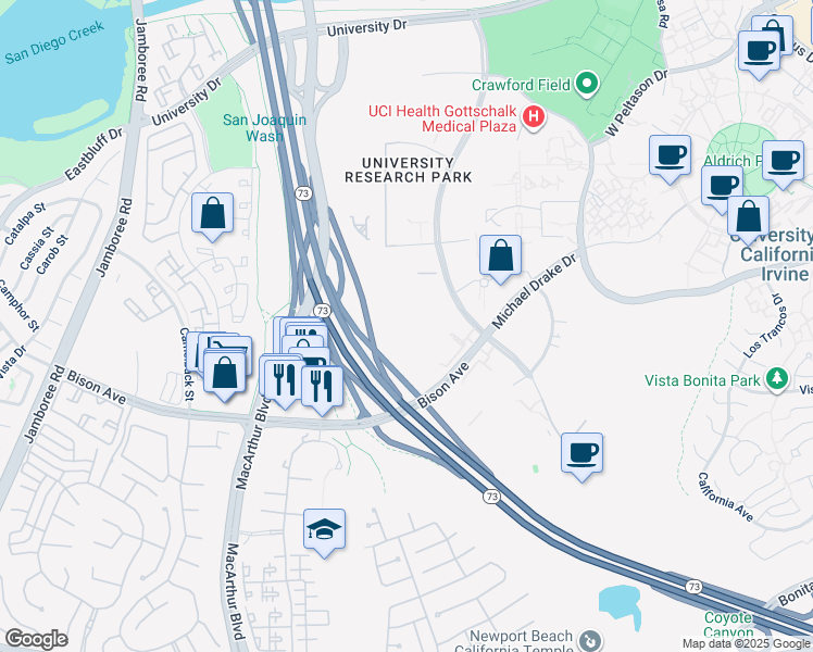 map of restaurants, bars, coffee shops, grocery stores, and more near 5151 California Avenue in Irvine