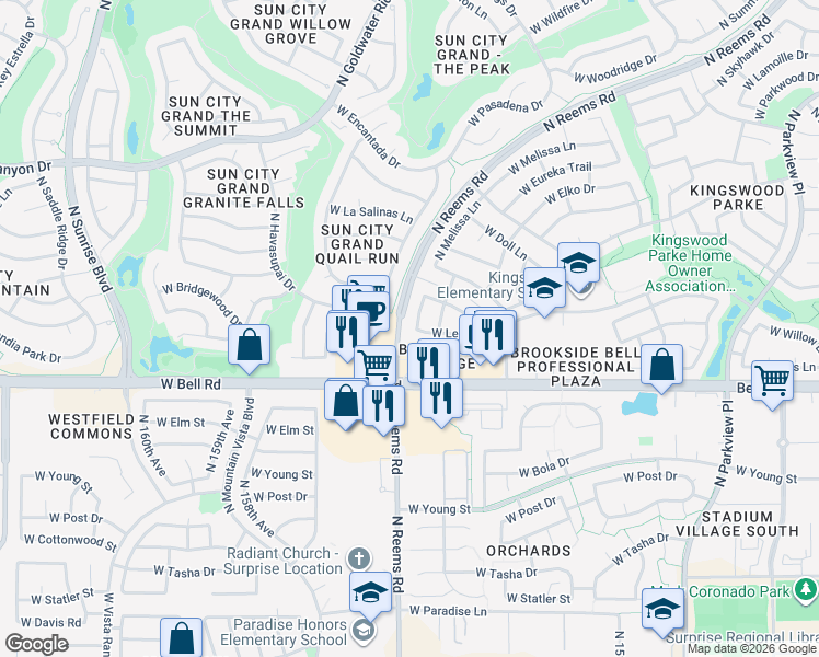 map of restaurants, bars, coffee shops, grocery stores, and more near 17104 North Melissa Lane in Surprise