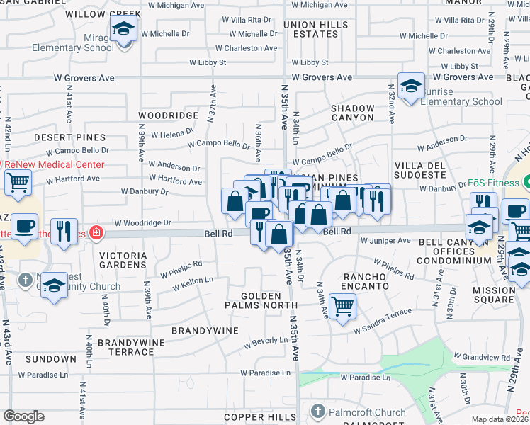 map of restaurants, bars, coffee shops, grocery stores, and more near 3522 West Bell Road in Glendale
