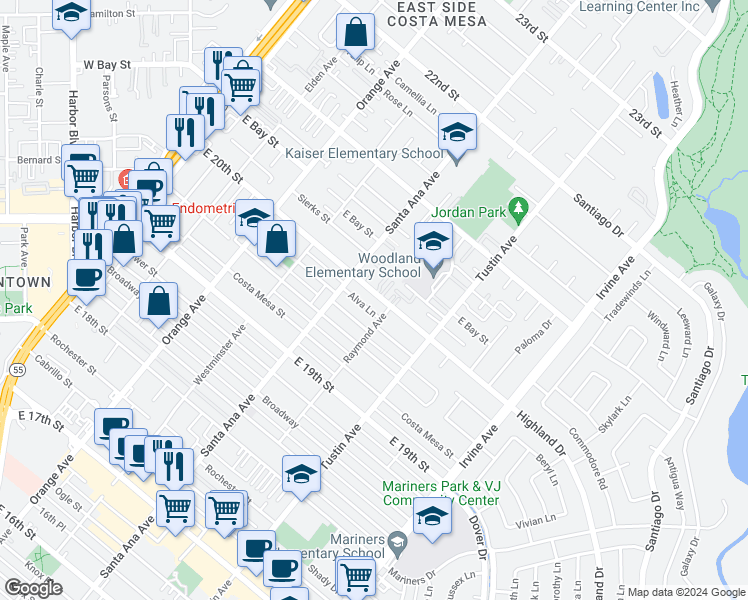 map of restaurants, bars, coffee shops, grocery stores, and more near 331 East 20th Street in Costa Mesa