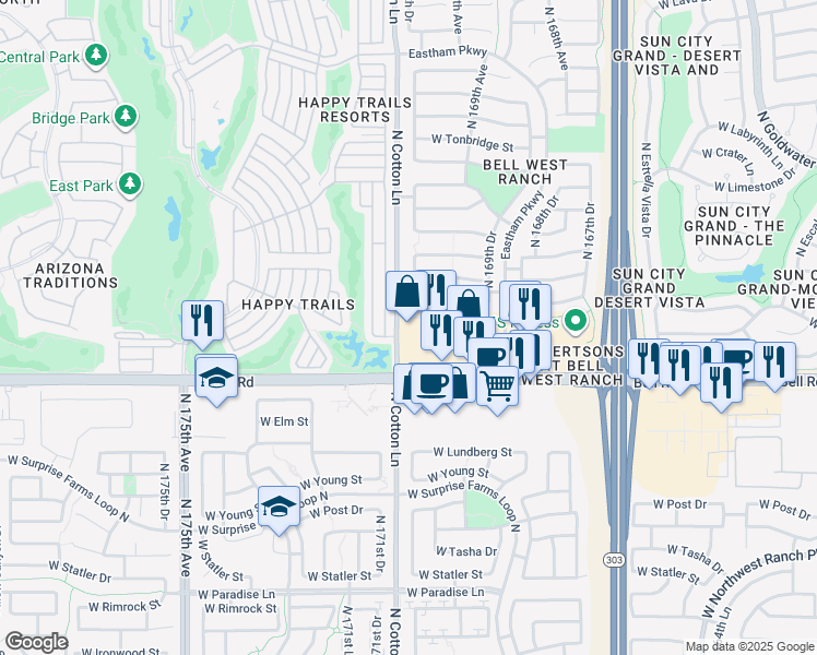 map of restaurants, bars, coffee shops, grocery stores, and more near 17058 West Bell Road in Surprise
