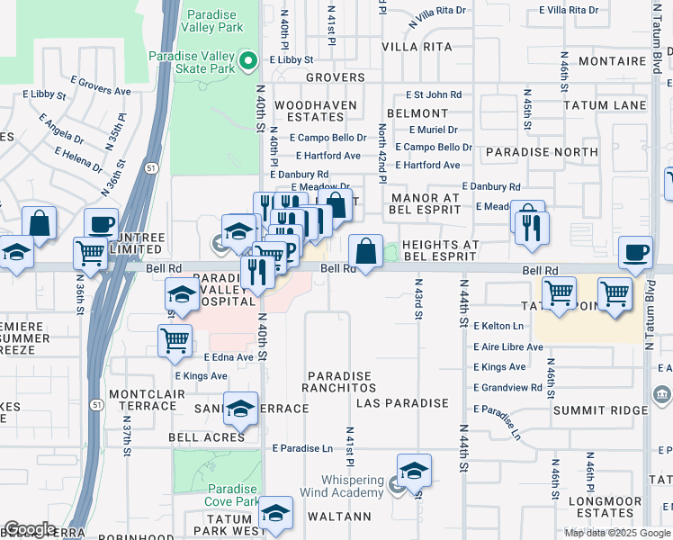 map of restaurants, bars, coffee shops, grocery stores, and more near 16999 N 41st St in Phoenix