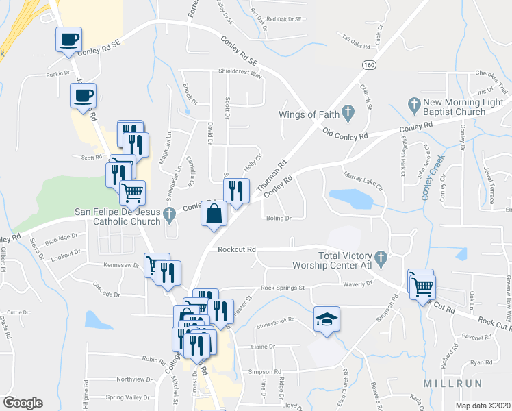 map of restaurants, bars, coffee shops, grocery stores, and more near 1085 Conley Road in Forest Park