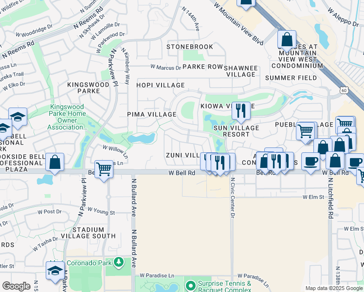 map of restaurants, bars, coffee shops, grocery stores, and more near 17187 North Willow Path in Surprise