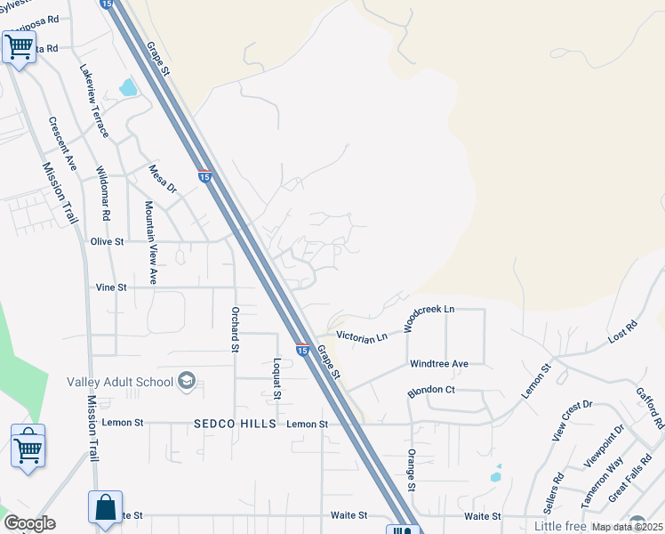 map of restaurants, bars, coffee shops, grocery stores, and more near Sheri Lane in Wildomar