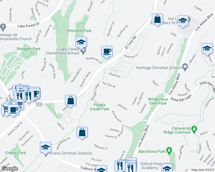 map of restaurants, bars, coffee shops, grocery stores, and more near 26532 Kari Brook in Lake Forest