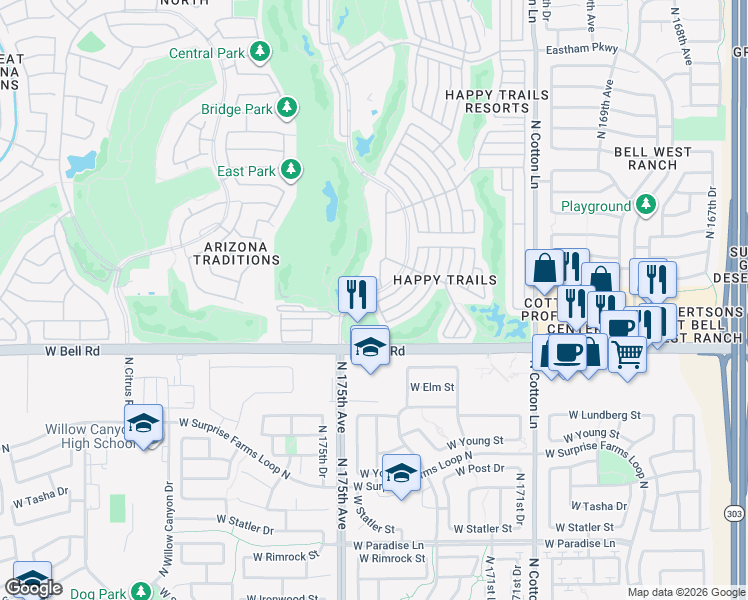 map of restaurants, bars, coffee shops, grocery stores, and more near 14 North Chaps in Surprise