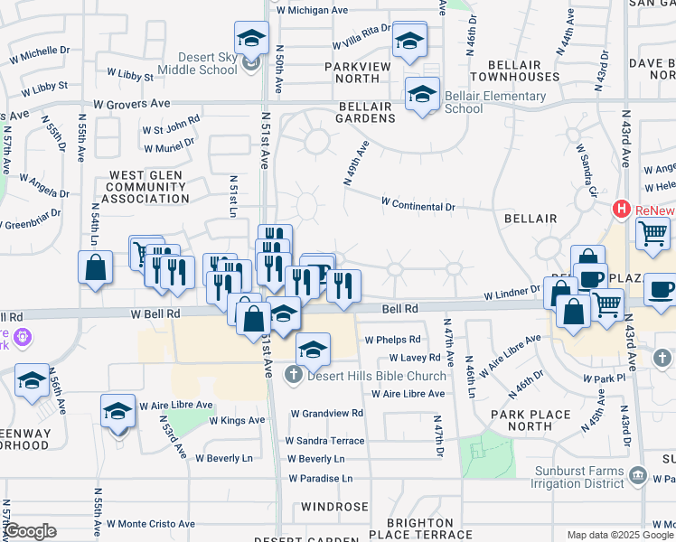 map of restaurants, bars, coffee shops, grocery stores, and more near 4901 W Joyce Cir in Glendale