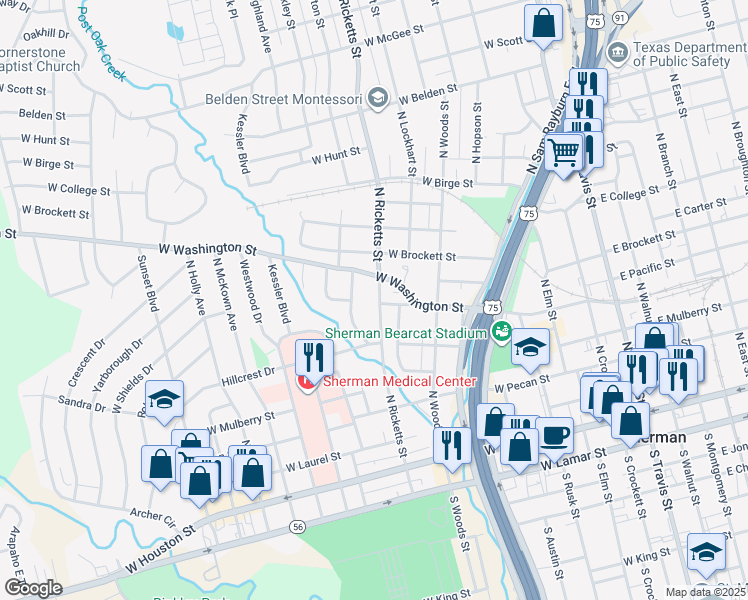 map of restaurants, bars, coffee shops, grocery stores, and more near 602 North Ricketts Street in Sherman