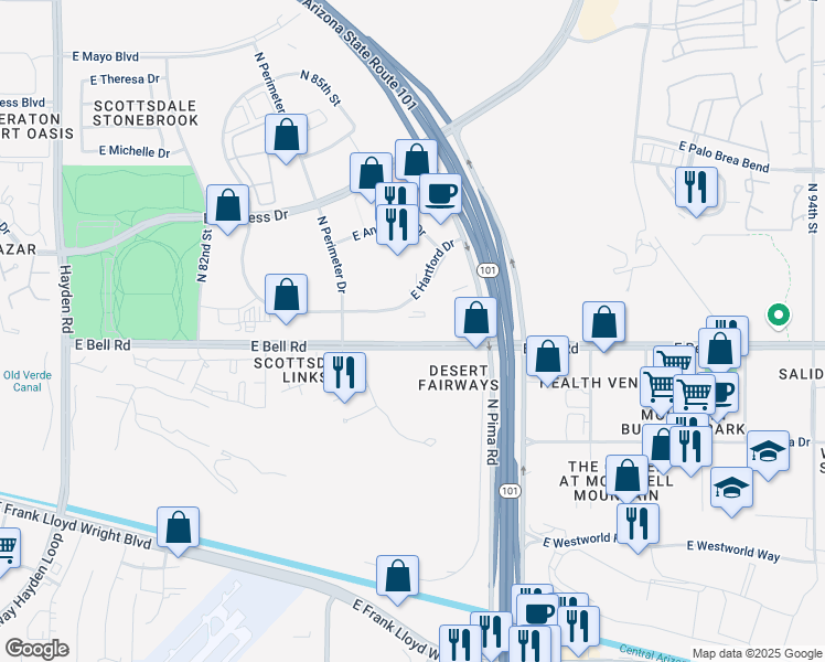 map of restaurants, bars, coffee shops, grocery stores, and more near 8665 East Hartford Drive in Scottsdale