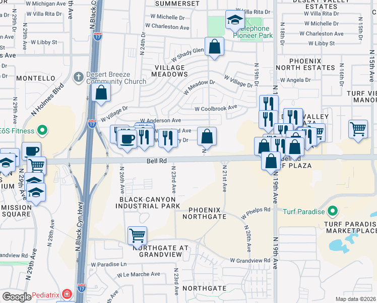 map of restaurants, bars, coffee shops, grocery stores, and more near 2218 West Bell Road in Phoenix