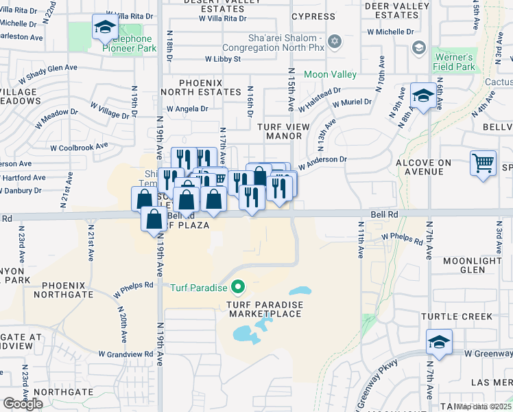 map of restaurants, bars, coffee shops, grocery stores, and more near 1546 West Bell Road in Phoenix