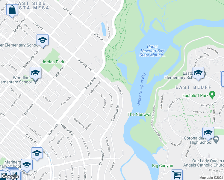 map of restaurants, bars, coffee shops, grocery stores, and more near 2015 Santiago Drive in Newport Beach
