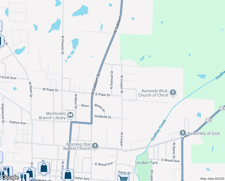 map of restaurants, bars, coffee shops, grocery stores, and more near 1123 North Cooper Street in Monticello