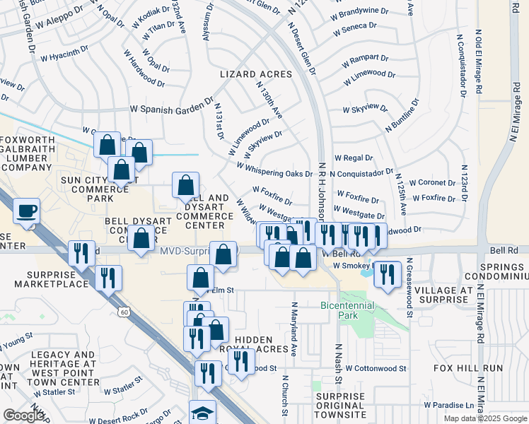 map of restaurants, bars, coffee shops, grocery stores, and more near 13039 West Westgate Drive in Sun City West
