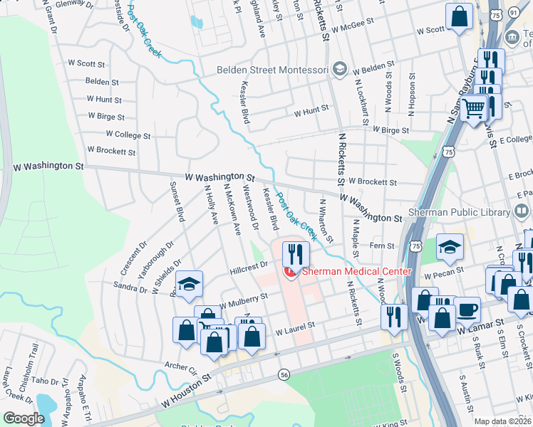 map of restaurants, bars, coffee shops, grocery stores, and more near 636 Kessler Boulevard in Sherman