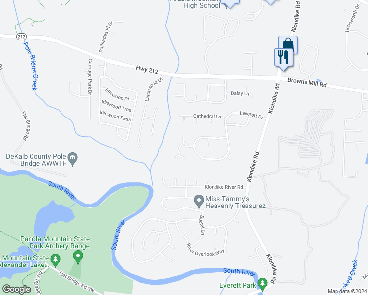 map of restaurants, bars, coffee shops, grocery stores, and more near 4636 Forest Creek Lane in Lithonia