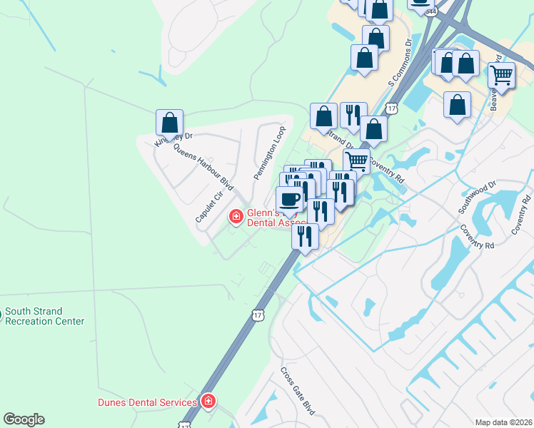 map of restaurants, bars, coffee shops, grocery stores, and more near 100 Ella Kinley Circle in Myrtle Beach