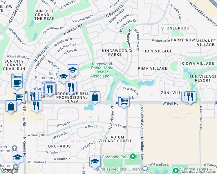 map of restaurants, bars, coffee shops, grocery stores, and more near 17125 North Larkspur Lane in Surprise
