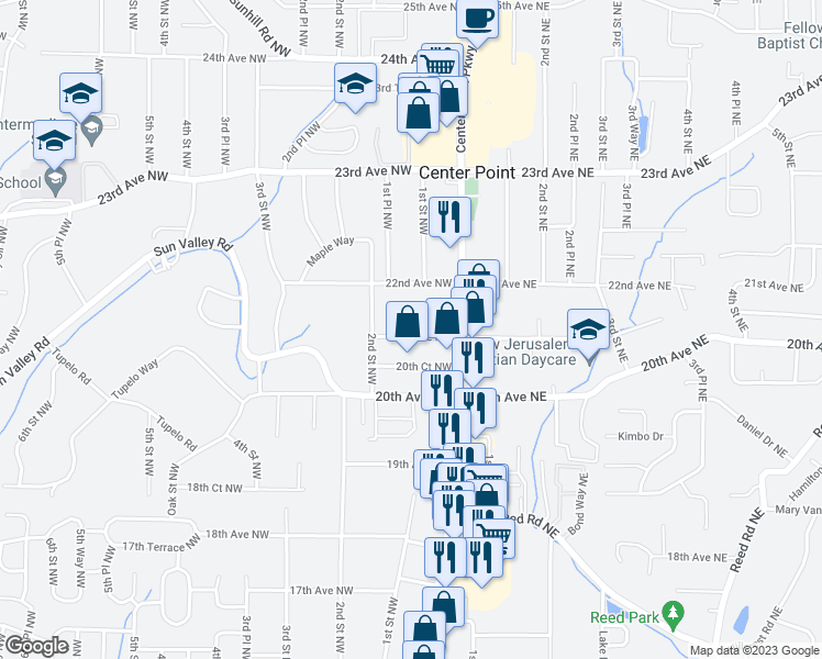 map of restaurants, bars, coffee shops, grocery stores, and more near 100 21st Avenue Northwest in Center Point