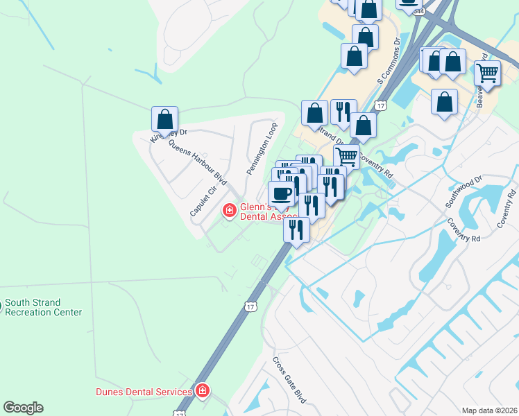 map of restaurants, bars, coffee shops, grocery stores, and more near 101 Ella Kinley Circle in Myrtle Beach