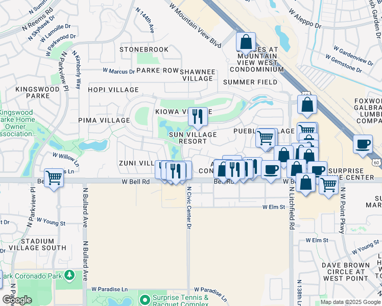 map of restaurants, bars, coffee shops, grocery stores, and more near 17215 North Flowing River Trail in Surprise