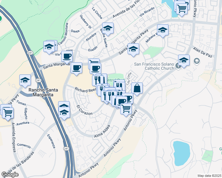 map of restaurants, bars, coffee shops, grocery stores, and more near 30902 La Promesa in Rancho Santa Margarita