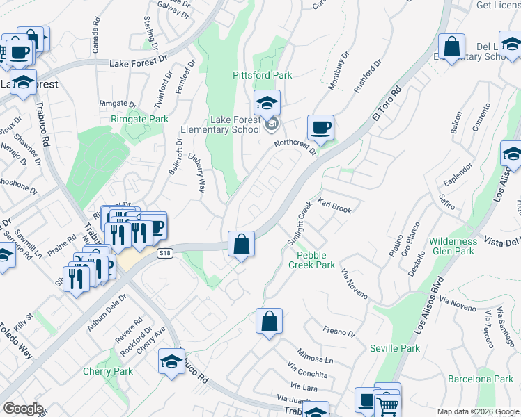 map of restaurants, bars, coffee shops, grocery stores, and more near 22248 Summit Hill Drive in Lake Forest