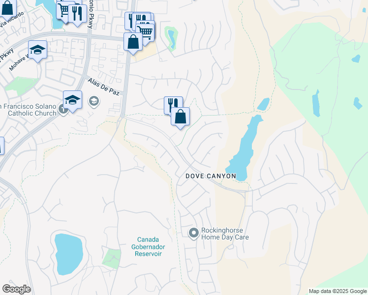 map of restaurants, bars, coffee shops, grocery stores, and more near 45 Muirfield in Rancho Santa Margarita